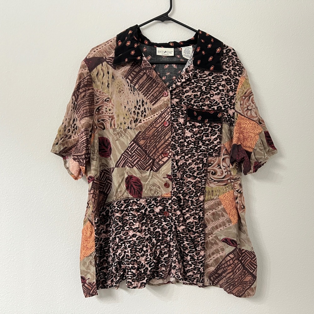 90s White Stag Womens 18/20 Brown Patchwork Leopard Print Button Down Shirt Plus